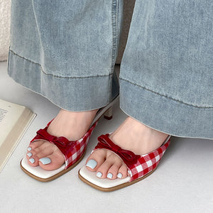Gingham Picnic Bow Heeled Mules