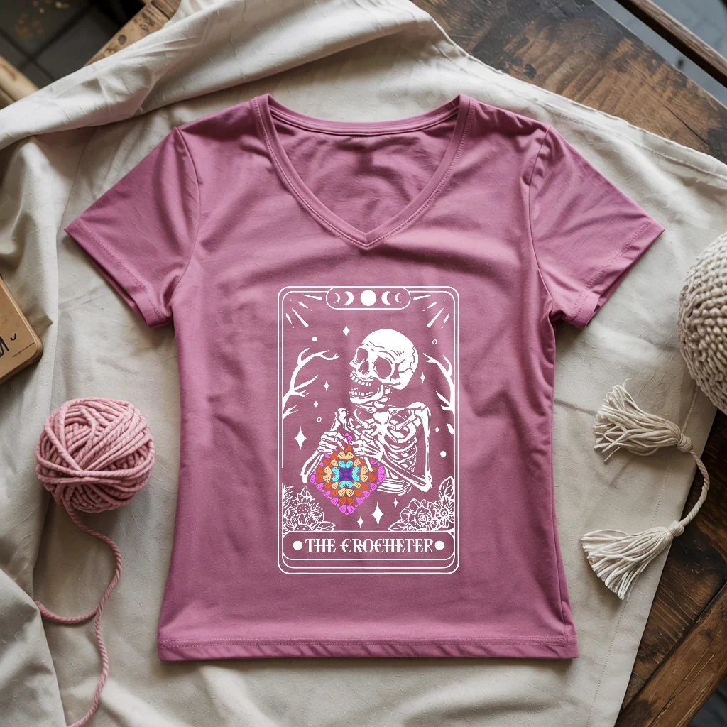 Skeleton Crocheter Tarot Lady V-neck