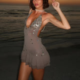 Backless Button Mini Dress