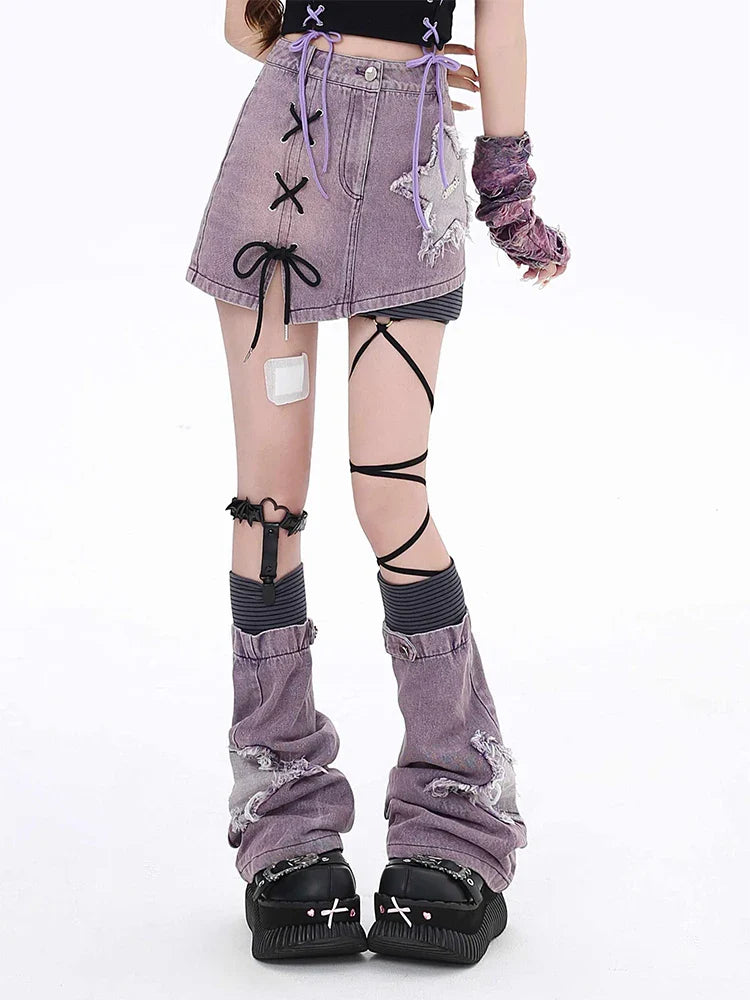 Grunge Denim Mini Skirt & Leg Warmers Two Piece Set