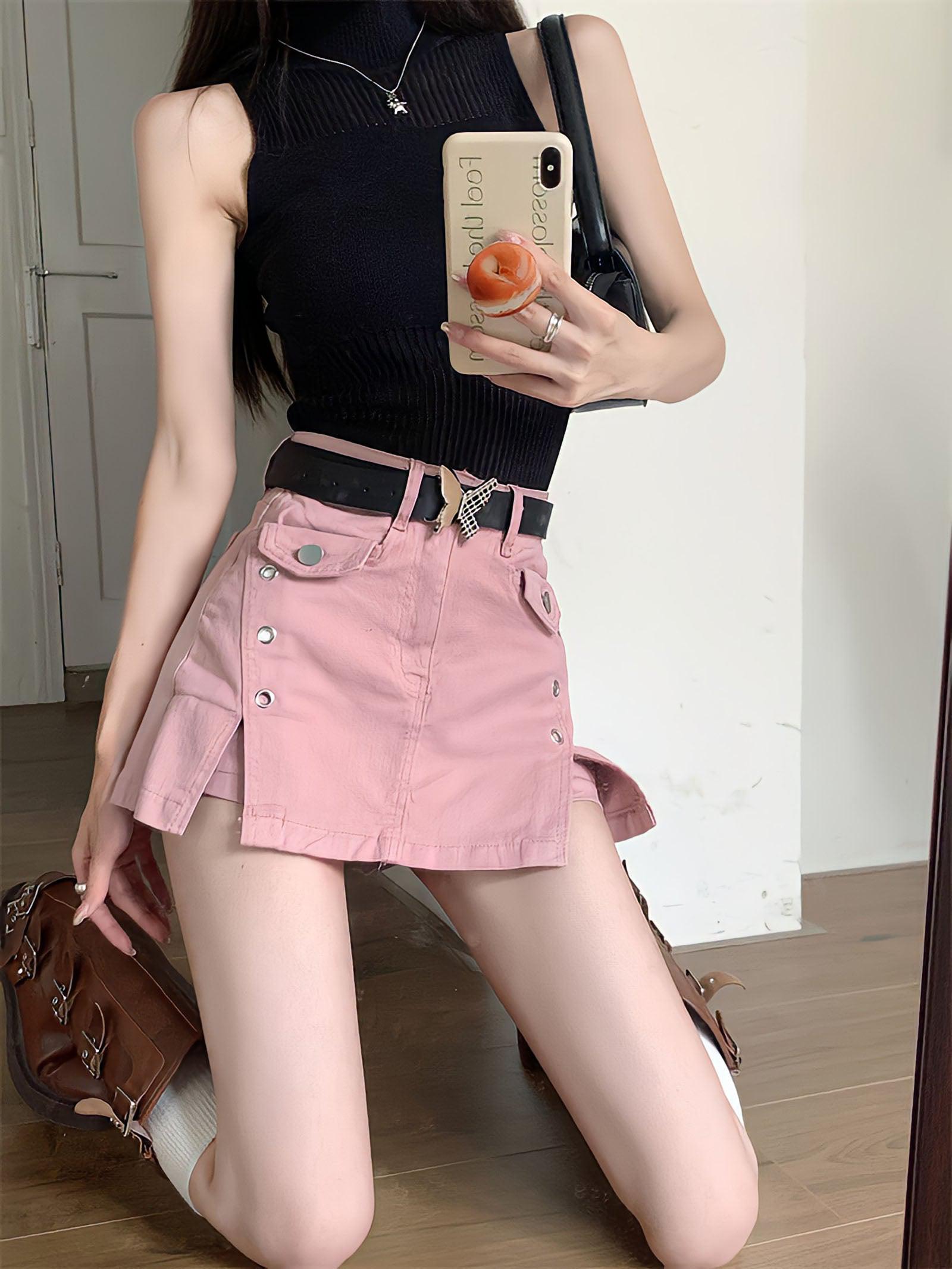 Pink Side Slit Denim Mini Skort