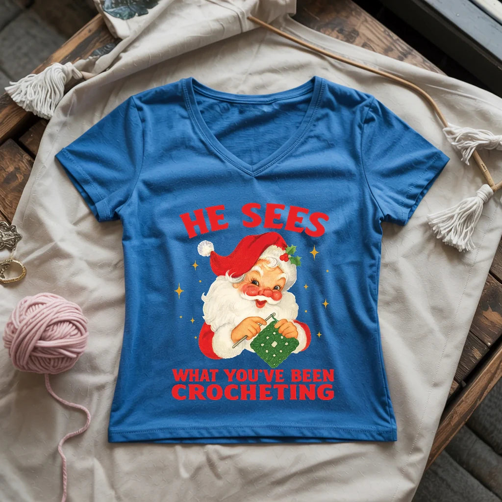 He Sees You Crocheting Lady V-neck