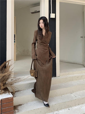Wrap Around Blouse & Maxi Skirt Two Piece Set