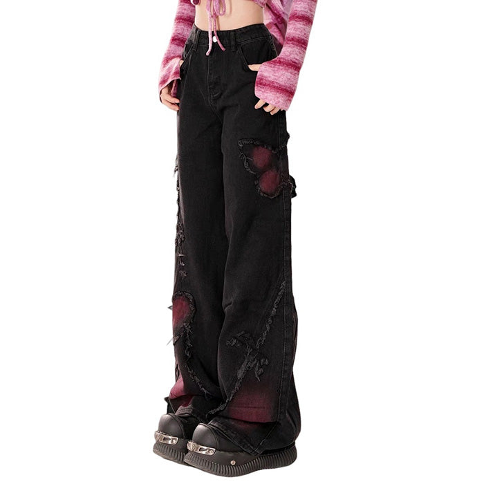 Grunge Aesthetic Black & Red Butterfly Jeans