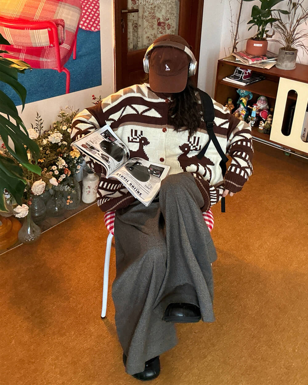 Brown Reindeer Knit Hooded Cardigan