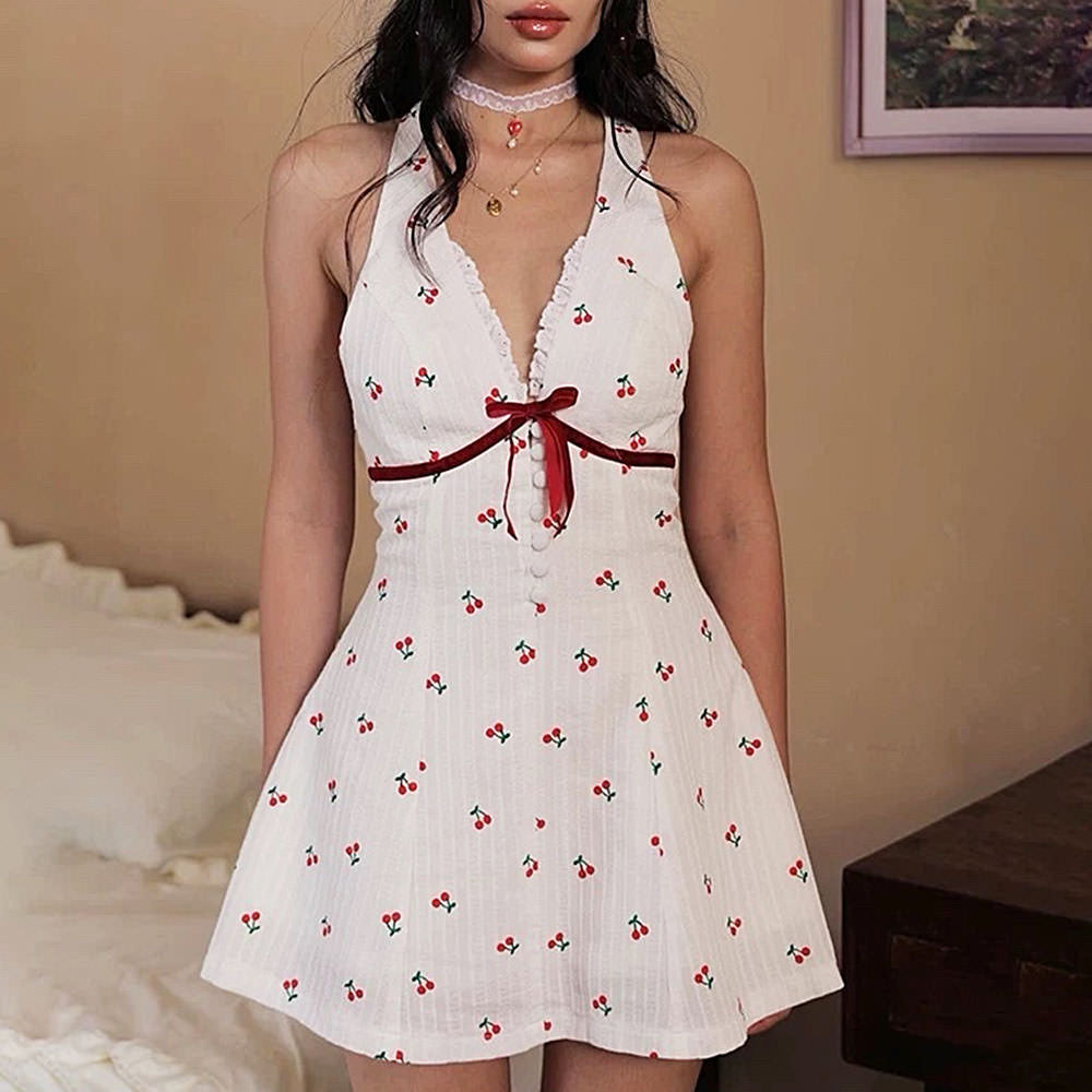 French Summer Cherry Halter Dress
