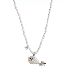 Coquette Pearl Fish Charm Necklace