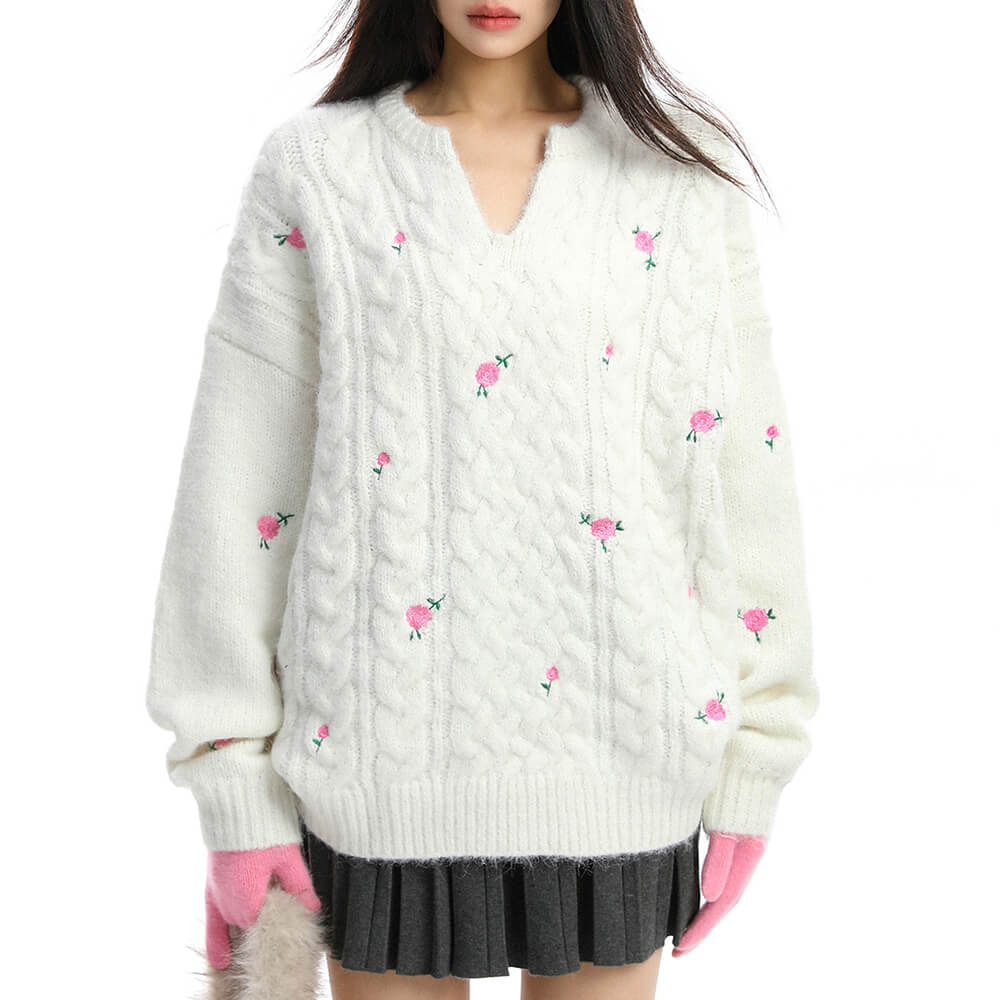 Cottagecore Cable Knit Rose Sweater