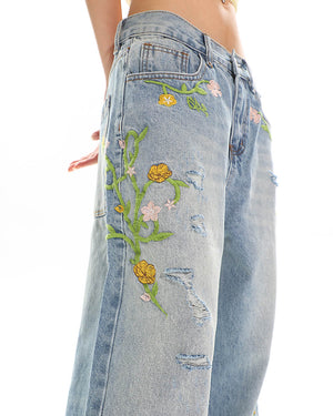 Floral Vine Fairycore Embroidery Jeans
