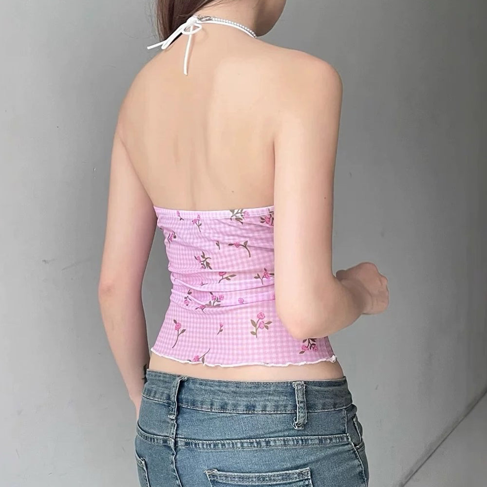 Floral Gingham Y2K Halter Top