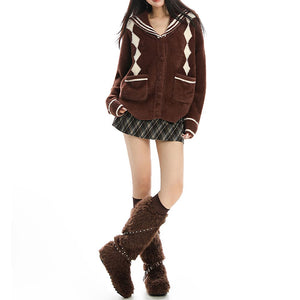 Preppy Plush Argyle Cardigan