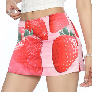 Strawberry Print Y2K Mini Skirt