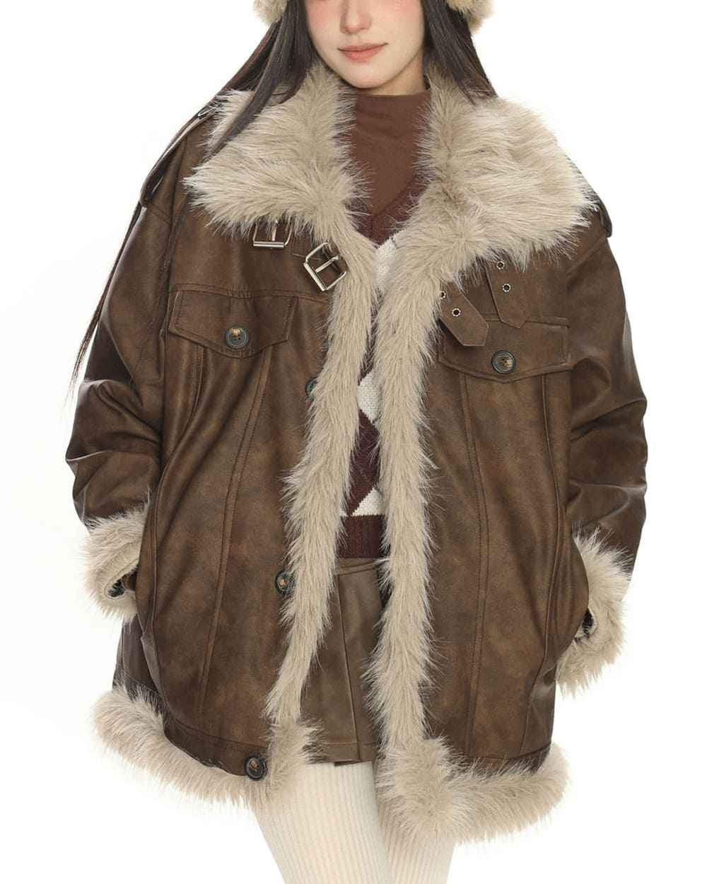 Y2K Fur Trim Aviator Jacket